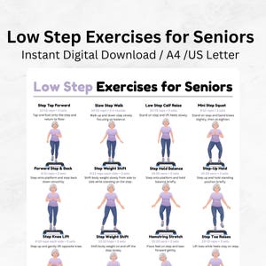 Peut inclure: Un guide d'exercices numérique intitulé Low Step Exercises for Seniors présentant douze illustrations d'une personne en t-shirt violet et legging bleu effectuant divers mouvements sur une plateforme noire avec des instructions textuelles.