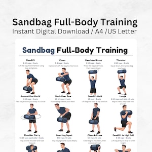 Peut inclure: Un tableau d'entraînement numérique intitulé Sandbag Full-Body Training présentant des illustrations d'exercices tels que soulevés de terre, épaulés, développés militaires, thrusters, tours du monde, tirages buste penché, fentes et squats.