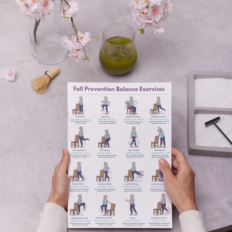May include: A white instructional poster titled Fall Prevention Balance Exercises featuring sixteen illustrated figures performing various movements with a chair, including marching, squats, and leg lifts, with text instructions for each exercise.