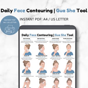 Peut inclure: Un guide pédagogique numérique intitulé Daily Face Contouring | Gua Sha Tool, affiché sur un écran de tablette. Le document présente douze étapes illustrées montrant des techniques de massage facial avec un outil blanc, incluant des instructions.