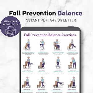 May include: A digital tablet displays a Fall Prevention Balance exercise guide with illustrations of a person performing movements like heel raises, marching, and squats. The text includes titles and instructions for each exercise in a clear layout.