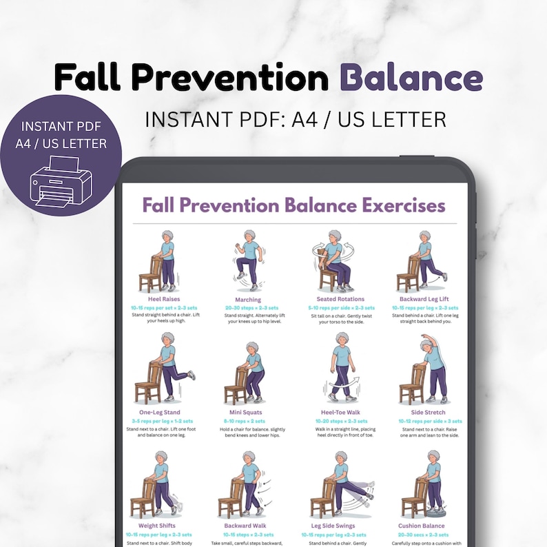 May include: A digital tablet displays a Fall Prevention Balance exercise guide with illustrations of a person performing movements like heel raises, marching, and squats. The text includes titles and instructions for each exercise in a clear layout.