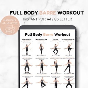 Peut inclure: Une tablette numérique affiche un guide d'entraînement Full Body Barre avec douze exercices illustrés et des instructions textuelles. Le document comprend des titres comme Barre Posture Hold, Plié Pulses et Second Position Plié, format A4.