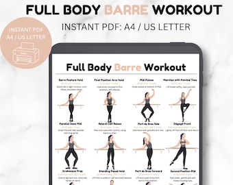 May include: A digital tablet displays a Full Body Barre Workout guide featuring twelve illustrated exercise steps with text instructions. The document includes titles like Barre Posture Hold, Plié Pulses, and Second Position Plié, formatted for A4 and US Letter.