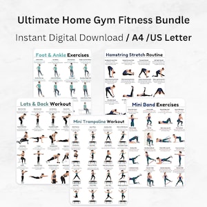 May include: A digital fitness bundle featuring five instructional posters titled Ultimate Home Gym Fitness Bundle. The charts display illustrated exercise routines for foot and ankle, hamstrings, lats and back, mini bands, and mini trampolines.