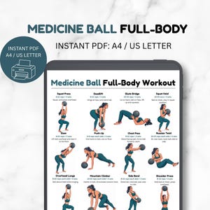 May include: A digital medicine ball full-body workout guide displayed on a tablet screen. The chart features twelve illustrated exercise poses with text instructions for movements like squat press, deadlift, and Russian twist in A4 and US Letter format.