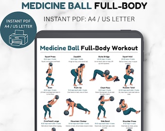 May include: A digital medicine ball full-body workout guide displayed on a tablet screen. The chart features twelve illustrated exercise poses with text instructions for movements like squat press, deadlift, and Russian twist in A4 and US Letter format.