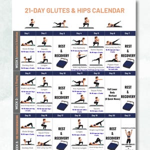 Peut inclure: Un calendrier et suivi de fitness de 21 jours pour les fessiers et les hanches, présentant des illustrations d'exercices quotidiens, des répétitions et des jours de repos organisés en trois phases hebdomadaires avec des étiquettes textuelles.