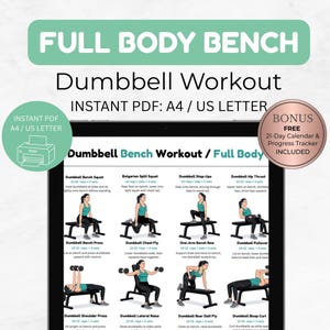 Full Body Dumbbell Bench Workout Poster| Printable Fitness Guide PDF| Home Gym Workout | Bonus 21 Day Stability Calendar Challenge & Tracker