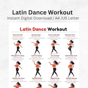 May include: A digital Latin Dance Workout guide featuring twelve illustrated dance steps with instructions. The text includes titles like Basic Salsa Step, Merengue March, and Bachata Hip Circles, with repetition counts for each exercise routine.