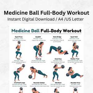 May include: A digital workout chart titled Medicine Ball Full-Body Workout featuring illustrations of exercises including Squat Press, Deadlift, Glute Bridge, Squat Hold, Slam, Push-Up, Chest Pass, Russian Twist, Overhead Lunge, and Mountain Climber.