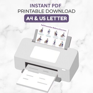 May include: An instant PDF printable download for A4 and US Letter paper sizes. The document is titled Fall Prevention Balance Exercises and features illustrations of a person performing various physical movements using a chair.