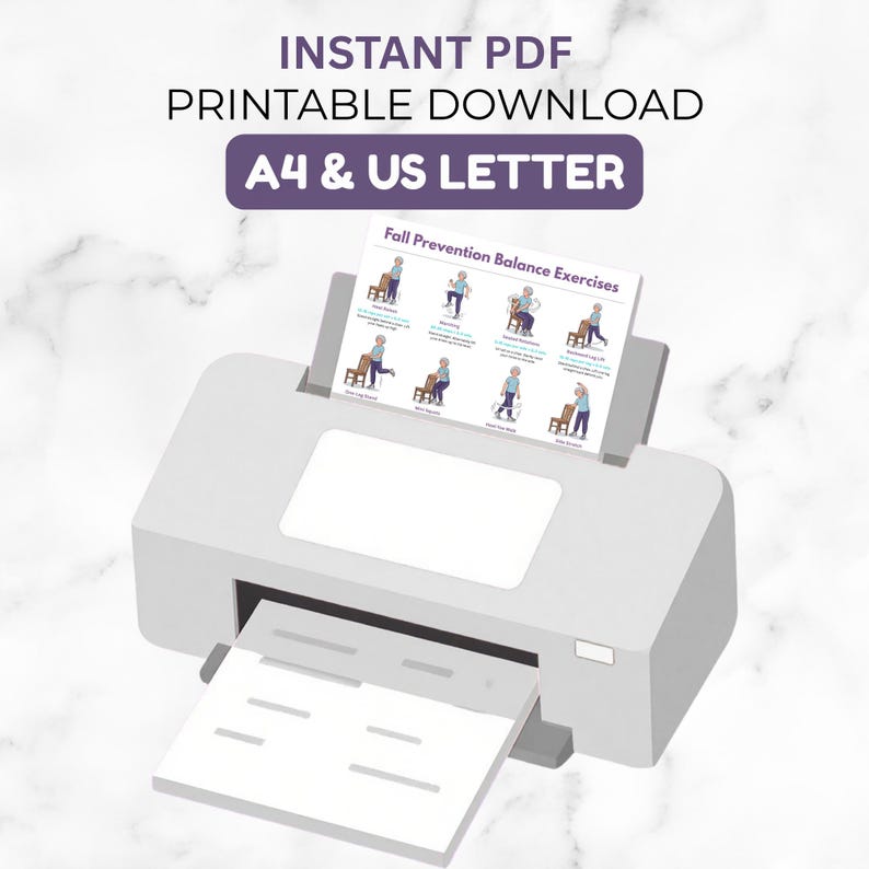 May include: An instant PDF printable download for A4 and US Letter paper sizes. The document is titled Fall Prevention Balance Exercises and features illustrations of a person performing various physical movements using a chair.