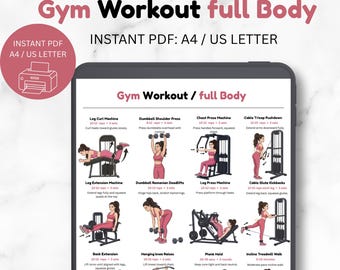 May include: A digital gym workout guide titled Gym Workout full Body, available as an instant PDF in A4 and US Letter sizes. The document features twelve illustrated exercise routines with instructions for movements like leg curls and chest presses.