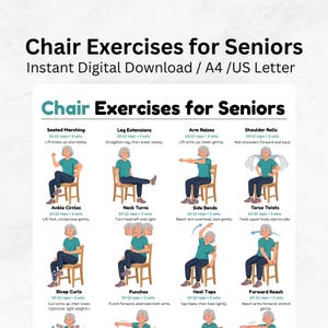 Peut inclure: Une affiche d'exercices numériques intitulée Chair Exercises for Seniors présentant des illustrations d'une personne effectuant douze mouvements différents assise sur une chaise en bois, incluant la marche assise, les extensions de jambes et les étirements.