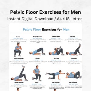 Peut inclure: Une fiche d'instructions numérique intitulée Pelvic Floor Exercises for Men, présentant douze exercices illustrés comme les squats, les fentes et la planche. Chaque exercice inclut des instructions textuelles, le nombre de répétitions et de séries.