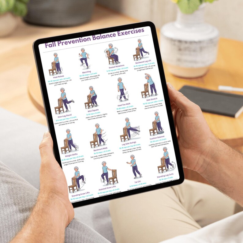 May include: A tablet screen displaying a Fall Prevention Balance Exercises chart with twelve illustrated figures performing various movements using a chair, including heel raises, marching, squats, and leg lifts with descriptive text.