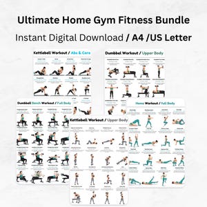 Ultimate Home Gym Fitness Bundle | Full Body Dumbbell & Kettlebell Workout Posters | Core, Upper Body Strength Training Printable PDF