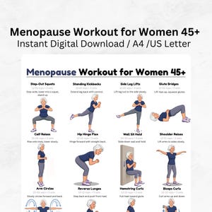 Peut inclure: Un guide d'entraînement numérique intitulé Menopause Workout for Women 45+ présentant des illustrations d'une personne effectuant douze exercices, notamment des squats, des extensions de jambes, des levés latéraux, des ponts fessiers, des mollets, des flexions de hanches, des chaises, des élévations d'épaules, des cercles de bras, des fentes, des flexions ischio-jambiers et des flexions de biceps.