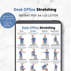 Peut inclure: Un document numérique intitulé Desk Office Stretching présentant douze exercices illustrés pour les employés de bureau. Le guide inclut des instructions pour les étirements du cou, des épaules, des poignets, du torse et des jambes, au format A4.
