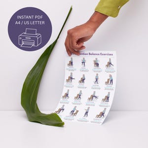 May include: A white paper sheet titled Fall Prevention Balance Exercises featuring twelve illustrated figures performing various movements with a chair. A purple circular badge displays the text INSTANT PDF A4 / US LETTER.
