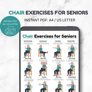 Peut inclure: Un tableau numérique intitulé Chair Exercises for Seniors affiché sur un écran de tablette. Le tableau présente douze personnages illustrés effectuant divers mouvements assis avec des instructions textuelles, des répétitions et des séries.