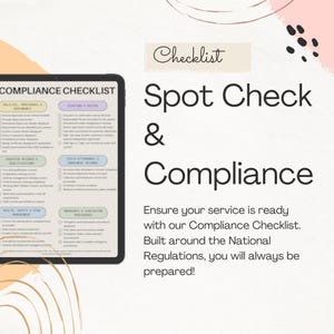 May include: A digital tablet shows a "Compliance Checklist" with detailed sections and bullet points. The words "Spot Check & Compliance" are displayed, alongside the text "Ensure your service is ready." The background has a soft, neutral color palette with abstract shapes.