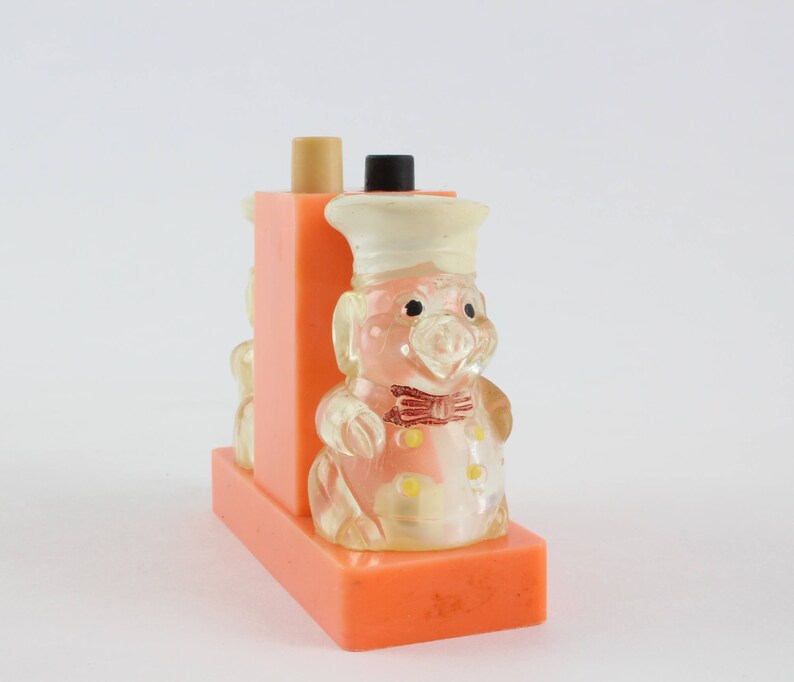 Vintage Plastic Pig Mechanical Salt and Pepper Set by Enesco Hong Kong