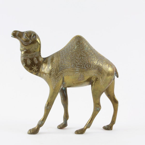 Vintage India Brass Camel Figurine - Large Enamel Etched Brass Figurine