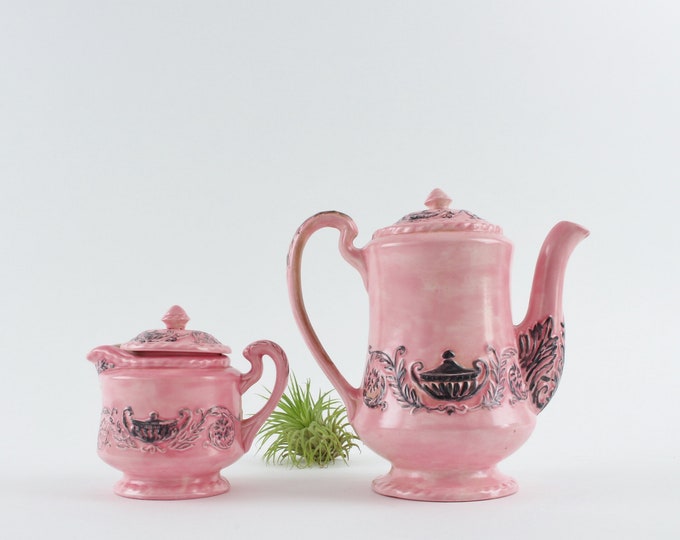 Vintage Pink Tea Set Ceramic Pink Teapot Creamer Set Etsy