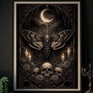 May include: Black framed art print featuring a detailed illustration of a moth with a skull-like design, a crescent moon, candles, and skulls. The artwork is displayed on a black shelf with potted succulents.