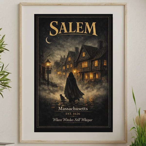 Plakat gotycki z Salem w Massachusetts, wydruk artystyczny z czarnym kotem