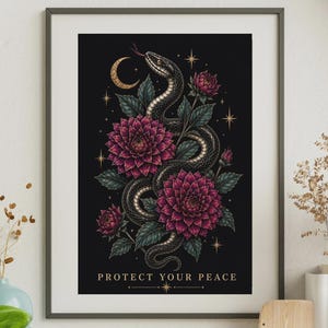 Gotische slangenbloemenprint, Protect Your Peace-poster, Witchy Dark Academia-kunstwerk