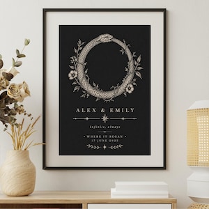 Personalised Couple Snake Wall Art Print, Gothic Snake Design - Custom Names & Date