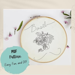 May include: A cream-colored embroidery hoop with a line drawing of basil and the word "Basil" in cursive. The text "PDF Pattern Easy, Fun, and DIY" is in a teal circle. Small pink flowers and green leaves are scattered around the hoop.