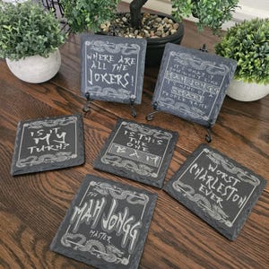 Mah Jongg Slate Coasters, Set of 6 Square (4"x4") coasters with Display Stand