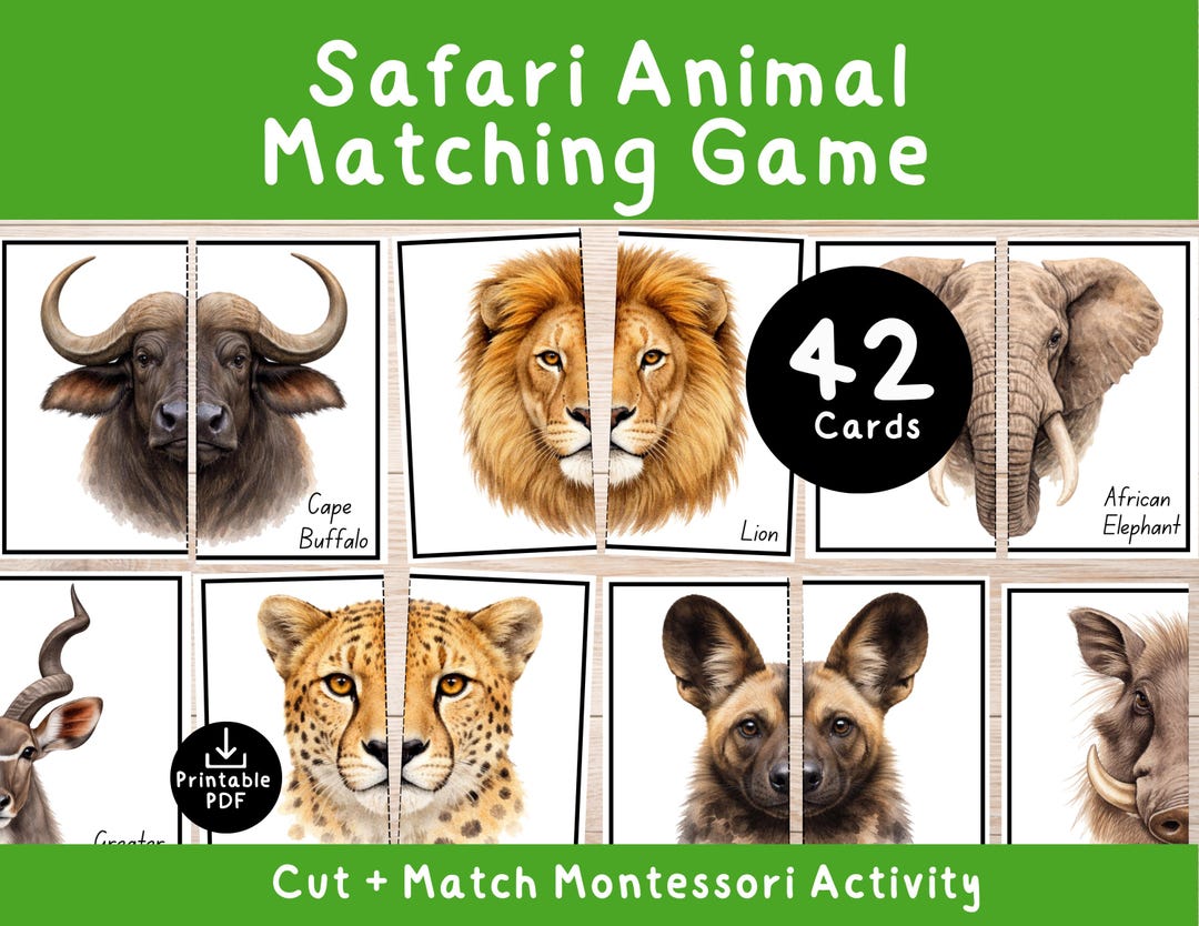 Realistic Safari Animal Matching Game Printable - African Animals Cut ...