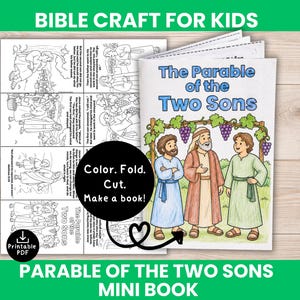 Może przedstawiać: Mini książeczka do druku zatytułowana The Parable of the Two Sons. Okładka zawiera kolorową ilustrację trzech postaci pod winoroślą. Zestaw zawiera czarno-białą stronę z tekstem i ilustracjami do pokolorowania.