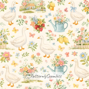 Peut inclure: Motif répété avec des oies blanches, des papillons, des fleurs, des citrons et un arrosoir rempli de fleurs. Le fond est de couleur crème clair, avec une petite maison et une clôture en arrière-plan. Le texte "PatternlySeamless" est en bas.