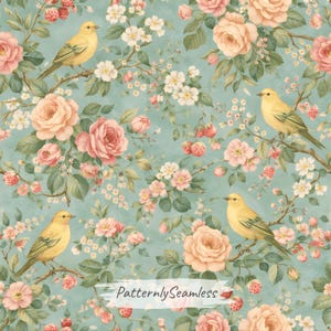 May include: A seamless pattern with yellow birds, pink and peach roses, white blossoms, and red berries on branches against a light blue backdrop. The design includes the text "PatternlySeamless".