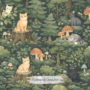May include: A whimsical forest scene featuring multiple cats of various colors, including orange, gray, and black, amidst lush greenery, trees, and mushrooms. The cats are in different poses, some sitting, others sleeping. The overall design has a fairytale aesthetic.