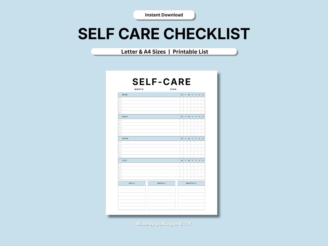 Self Care Checklist Printable | Mind Body Work Life Planner | Daily ...