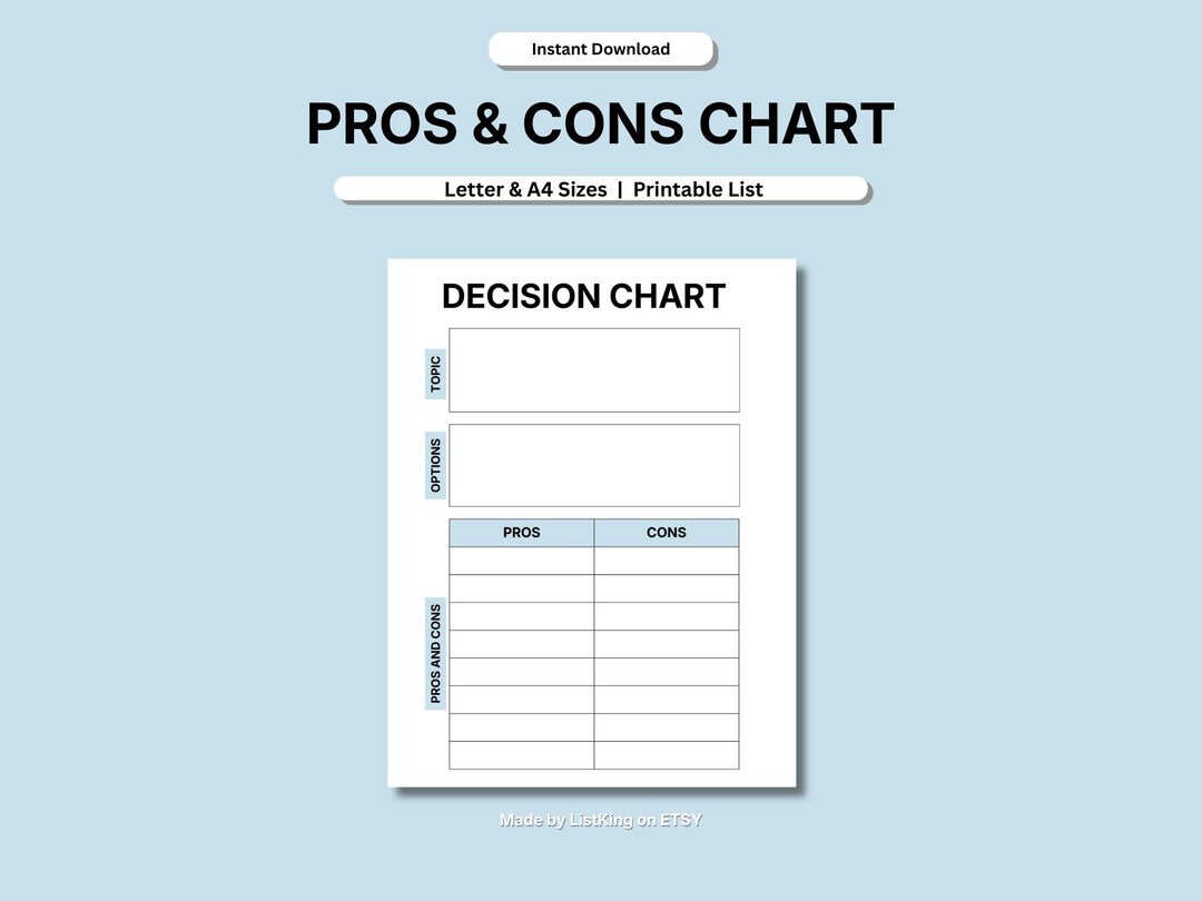 Pros and Cons List Printable | Decision Making Worksheet | Simple ...