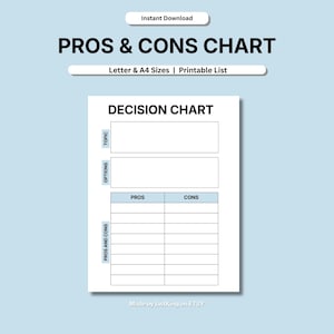 Lista de Prós e Contras para Imprimir | Planilha de Tomada de Decisão | Tabela Comparativa Simples | Tamanhos Carta e A4 | Download Imediato