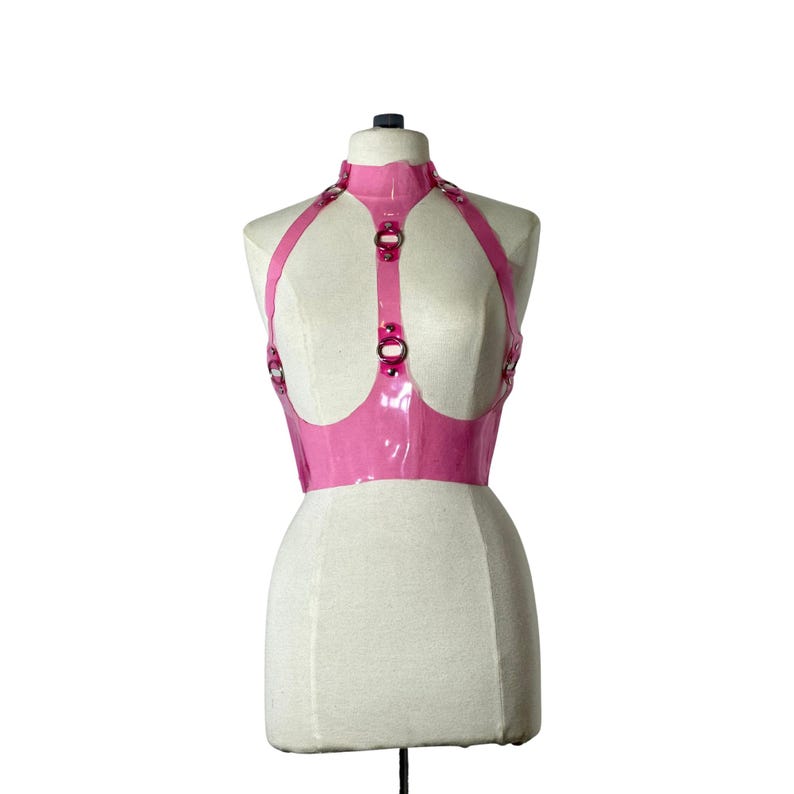 Pink Control Wear Pink PVC Harness Top With Choker, Patent Vinyl Halter Bra, Rave ...