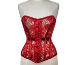 Red Embroidered Lace Overbust Corset, Gothic Sequin Bustier, Romantic Waist Cincher