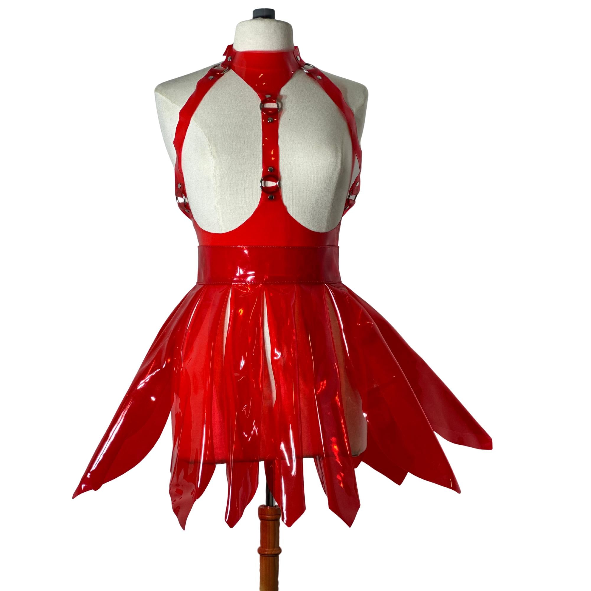Red PVC Harness Dress Choker, Patent Vinyl Rave Outfit, Goth O Ring ...
