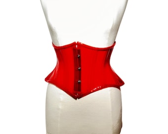 Red PVC Underbust Corset, Steel Boned Waist Trainer, Gothic Burlesque Cincher
