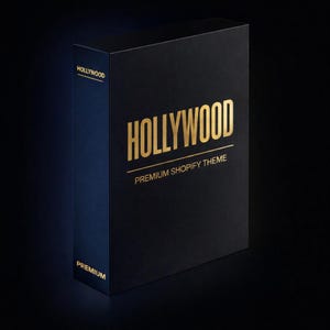May include: A black box with gold lettering that reads "HOLLYWOOD PREMIUM SHOPIFY THEME." The word "HOLLYWOOD" is prominently displayed in large, bold letters. The word "PREMIUM" is printed on the side of the box.