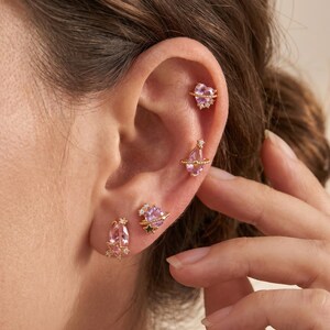 18K Gold Filled Pink Planet Earrings Set,CZ Saturn Stud Earrings,Celestial Stud Earrings,Layered Ear Stack Earrings